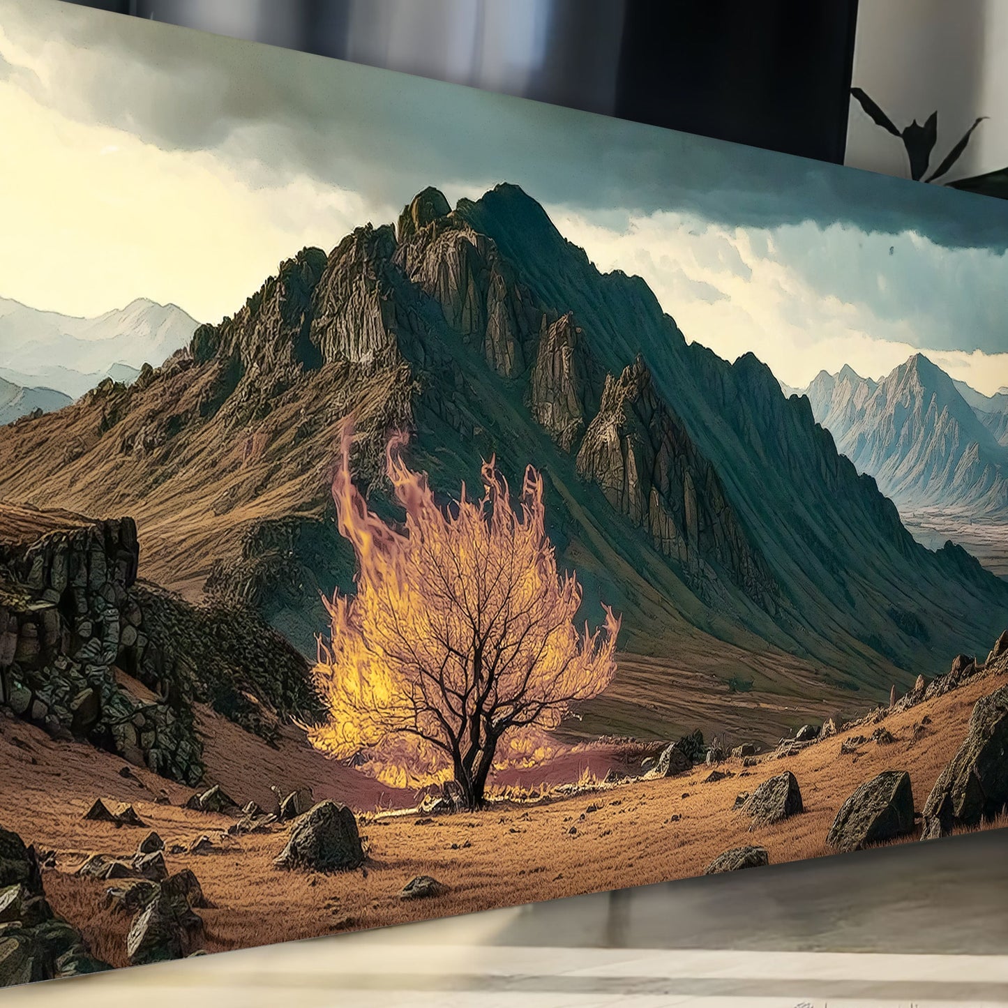 Burning Bush - Faith Wall Art VI canvas with fiery shrub amid rugged mountains on Tampa Home & Garden Store