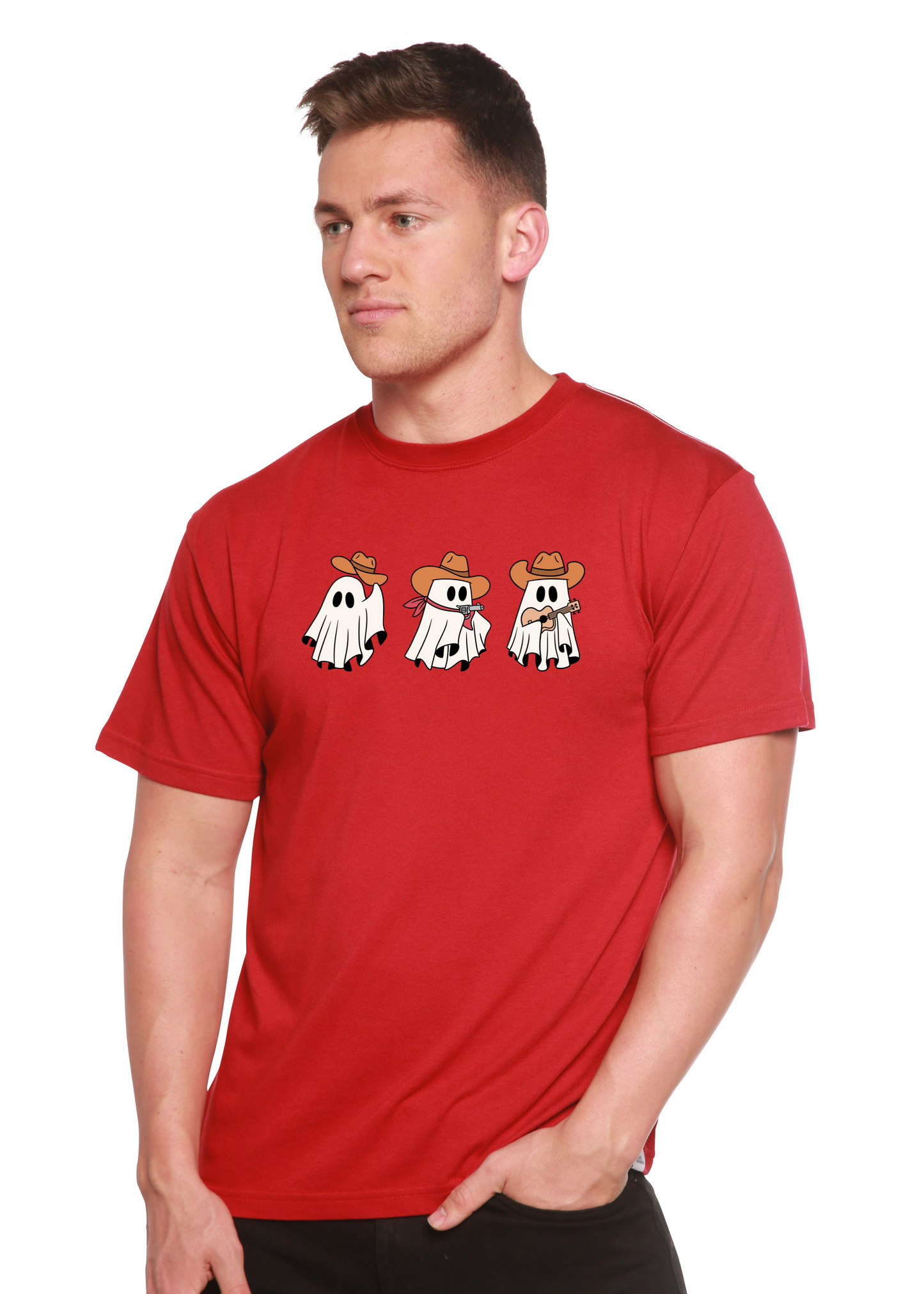 Unisex red short sleeve graphic tee with three cowboy ghosts wearing hats on Tampa Home & Garden Store
