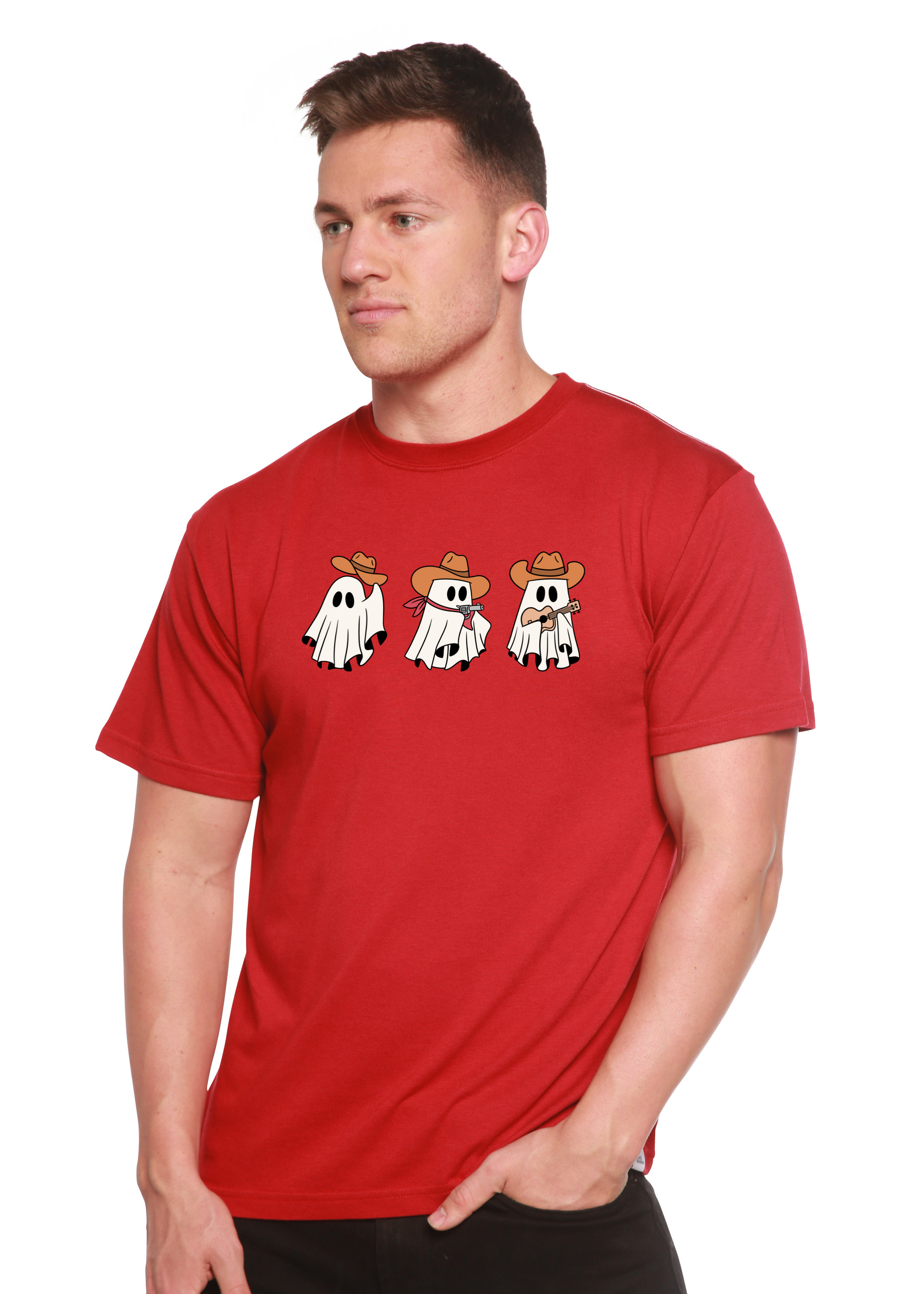 Unisex red short sleeve graphic tee with three cowboy ghosts wearing hats on Tampa Home & Garden Store