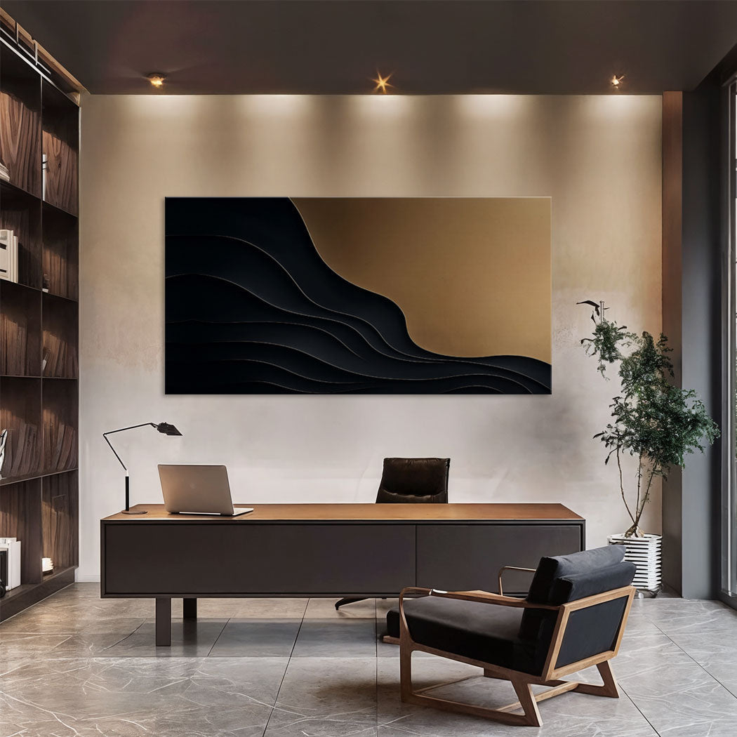 Black And Gold Minimalist Abstract X Crafting Canvas by Tailored Canvases in modern office setting on Tampa Home & Garden Store