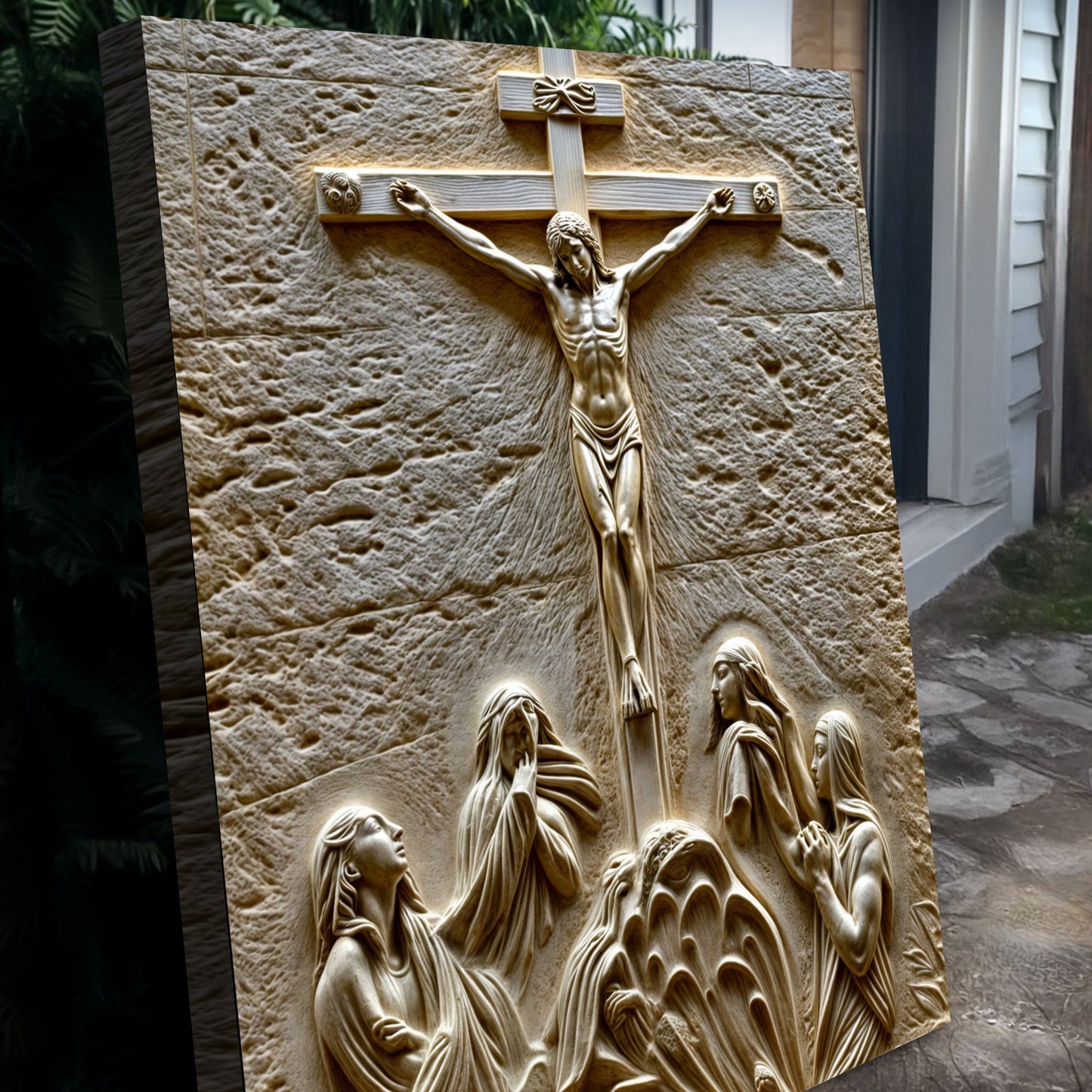 Three Cross Calvary Hill canvas wall art by Tailored Canvases; gold-toned crucifixion scene on Tampa Home & Garden Store