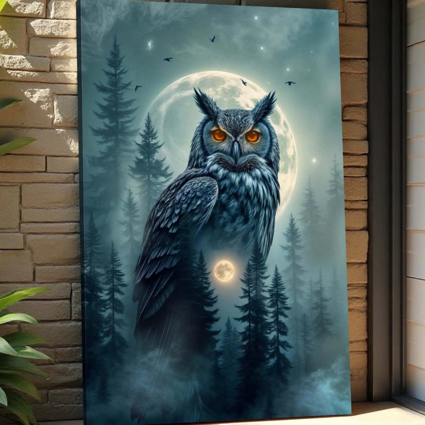 Owl Double Exposure Wall Art II canvas by Tailored Canvases with blue night sky and moon on Tampa Home & Garden Store
