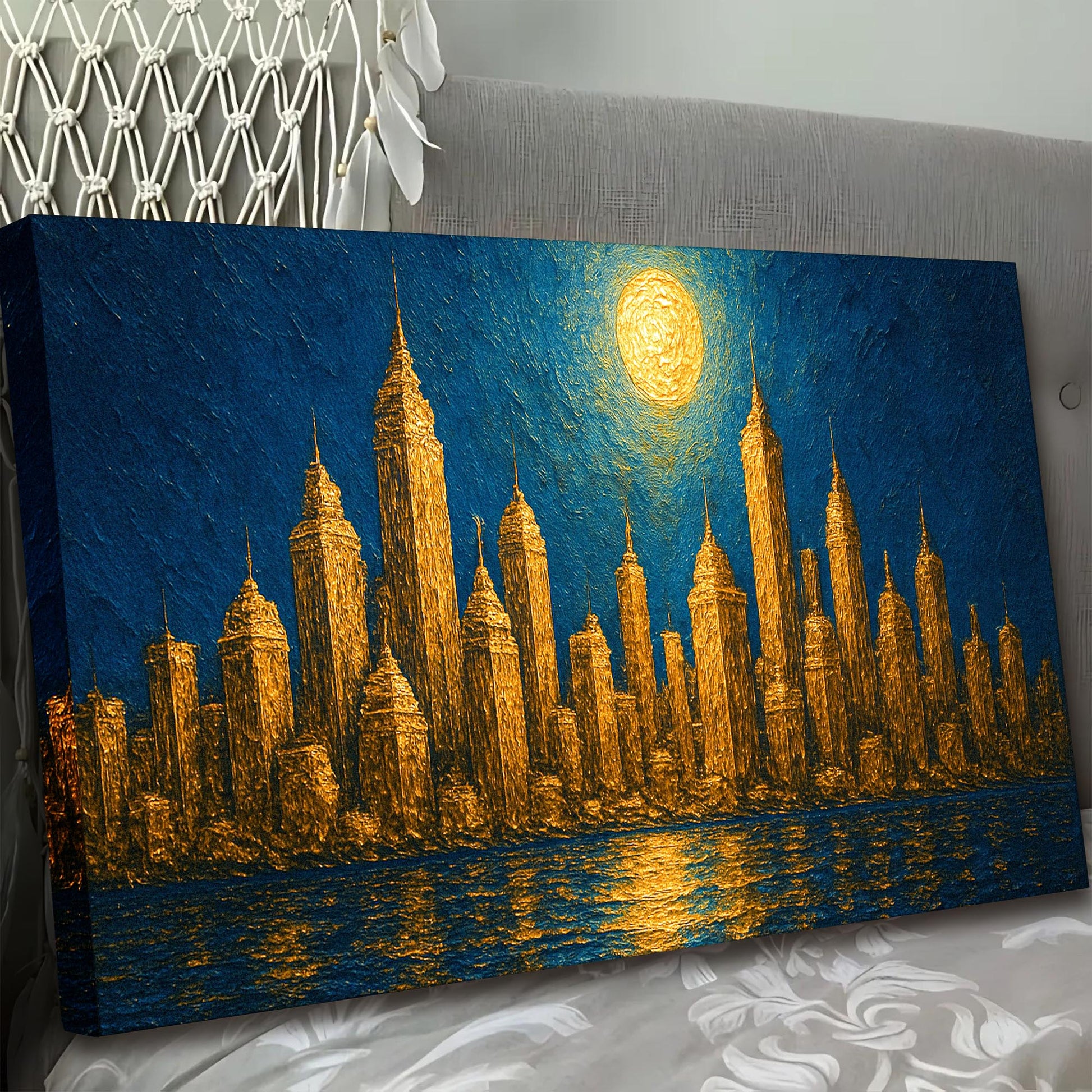Golden Metropolis Cityscape Impasto Canvas Tailored Canvases blue and gold skyline on Tampa Home & Garden Store