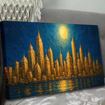 Golden Metropolis Cityscape Impasto Canvas Tailored Canvases blue and gold skyline on Tampa Home & Garden Store