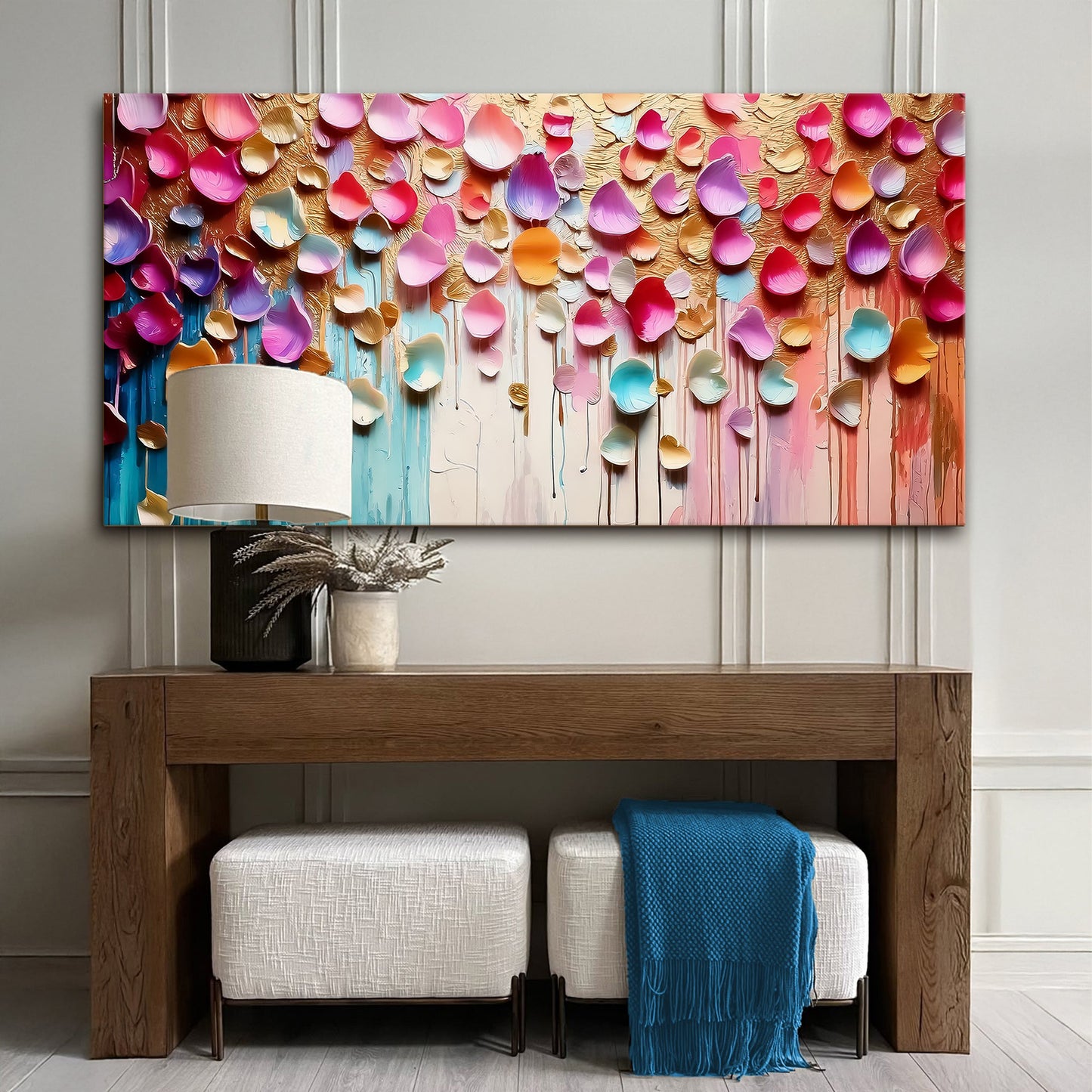 Vibrant Petals Wall Art canvas by Tailored Canvases; multicolor 3D petal shapes on textured backdrop on Tampa Home & Garden Store