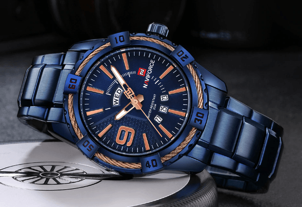 Men's blue stainless steel waterproof watch with day/date, NAVIFORCE dial, metal bracelet on Tampa Home & Garden Store