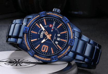 Men's blue stainless steel waterproof watch with day/date, NAVIFORCE dial, metal bracelet on Tampa Home & Garden Store