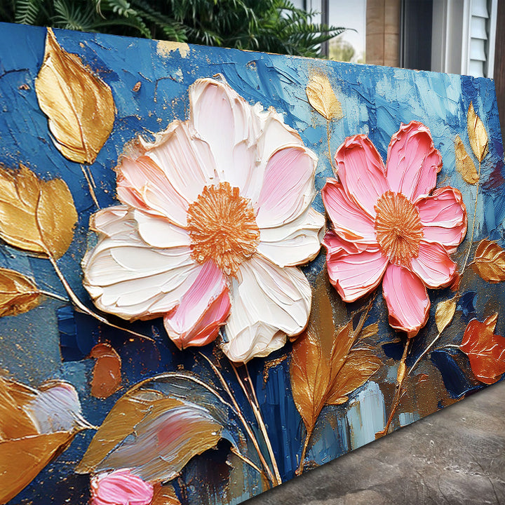 Tailored Canvases Golden Petals Impasto Wall Art canvas with two ivory-pink flowers on blue background on Tampa Home & Garden Store