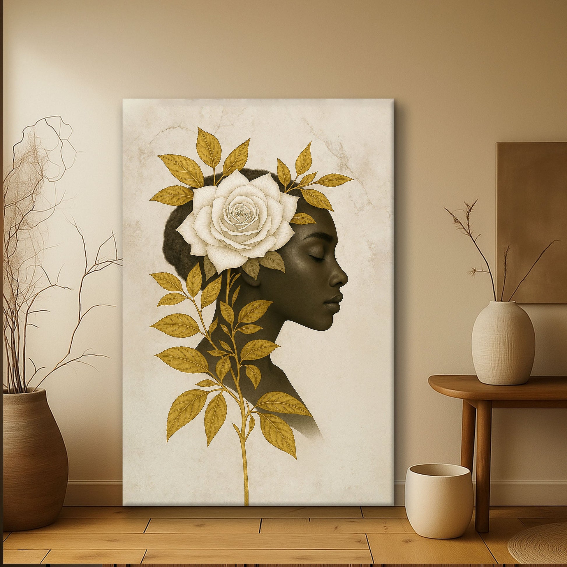 Floral Majesty Wall Art II canvas by Tailored Canvases: dark head with white rose and gold leaves on Tampa Home & Garden Store
