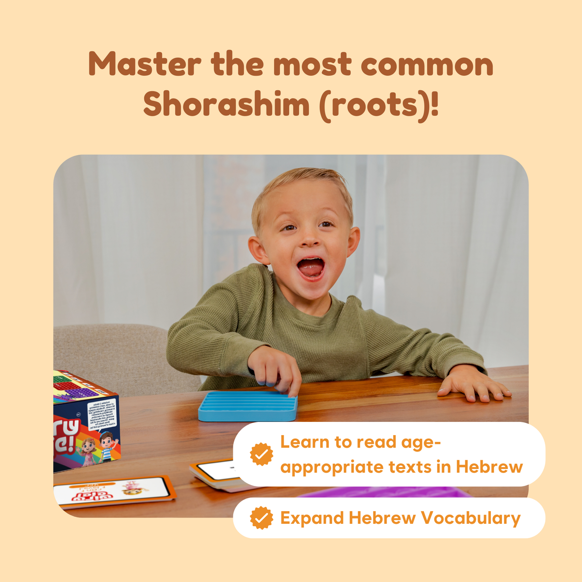 Shoresh Pop! Hebrew Wordpop educational toy by The Fidget Games, kid with blue tray on Tampa Home & Garden Store