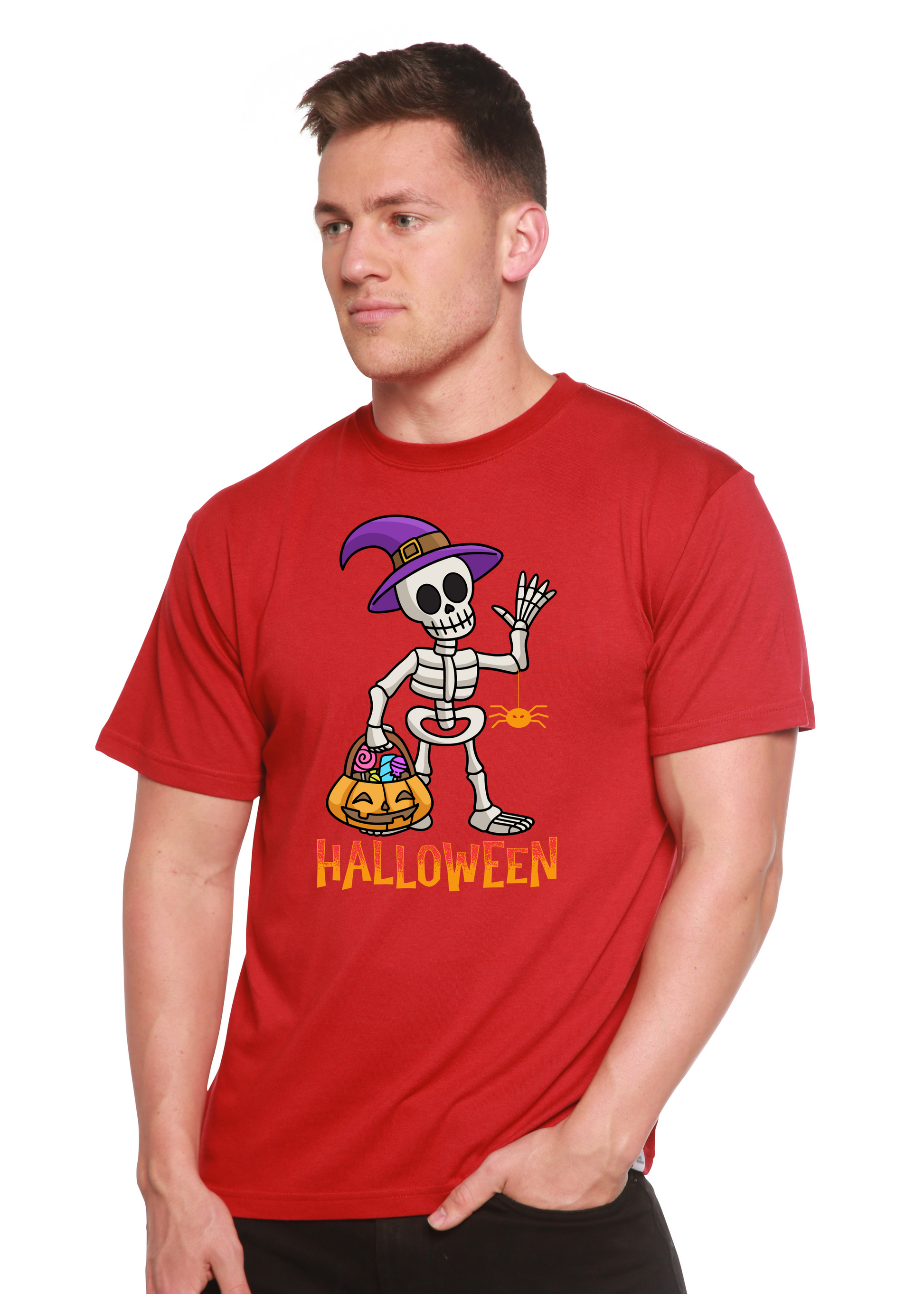 Unisex Halloween graphic T-shirt red bamboo fabric skeleton with purple witch hat and pumpkin bag on Tampa Home & Garden Store