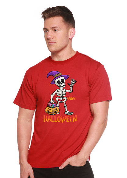 Unisex Halloween graphic T-shirt red bamboo fabric skeleton with purple witch hat and pumpkin bag on Tampa Home & Garden Store