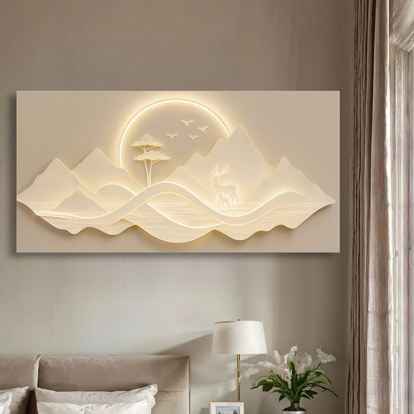 Modern Mountain Landscape Canvas wall art by Tailored Canvases, cream embossed mountains on Tampa Home & Garden Store
