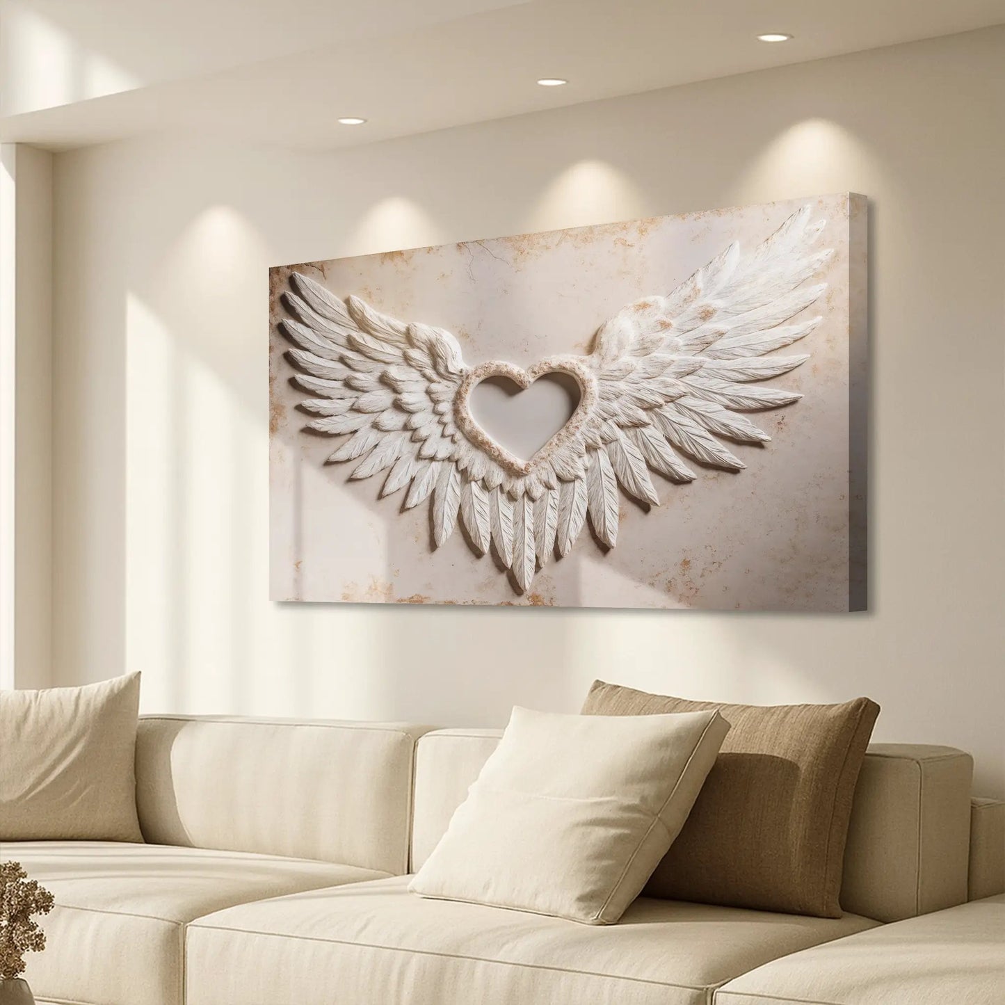 Wings of Love II canvas wall art with white wings and heart cutout on beige backdrop on Tampa Home & Garden Store