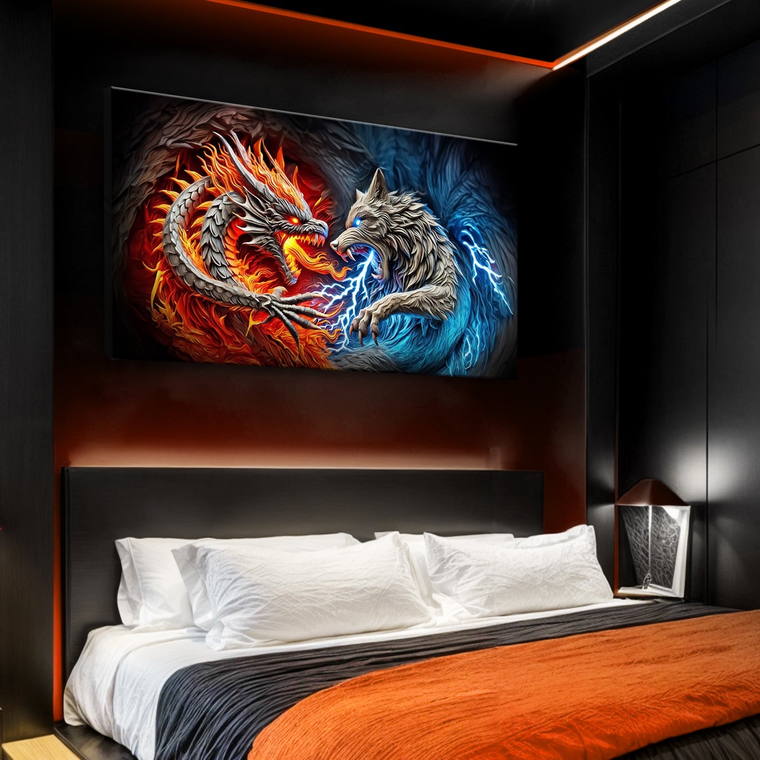 3D Dragon and Wolf Wall Art II canvas by Tailored Canvases; fiery dragon vs icy blue wolf on Tampa Home & Garden Store