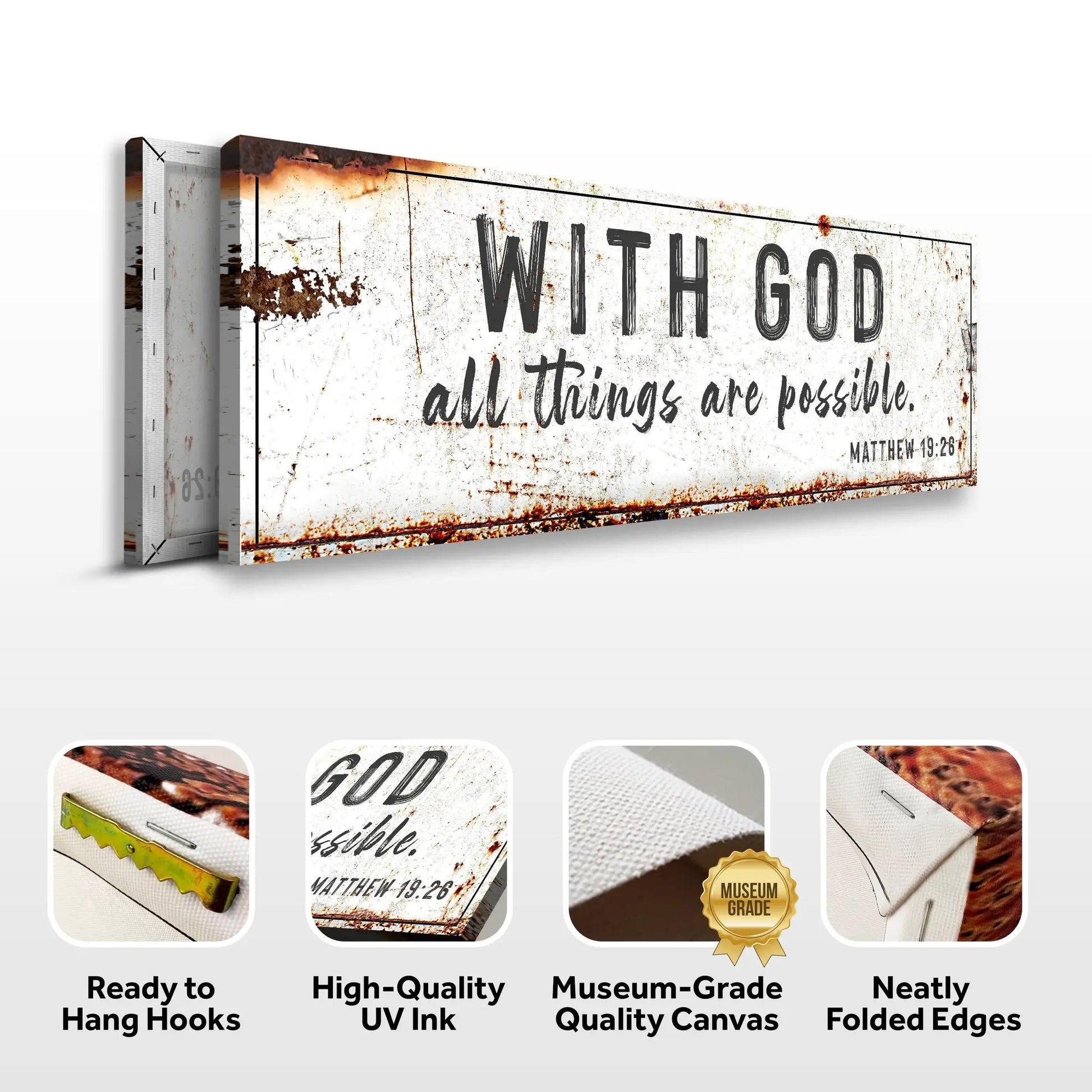 With God All Things Are Possible Sign canvas by Tailored Canvases, distressed white background on Tampa Home & Garden Store