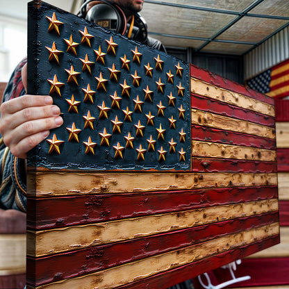Old Glory American Flag Wall Art canvas by Tailored Canvases, blue field with gold 3D stars on Tampa Home & Garden Store