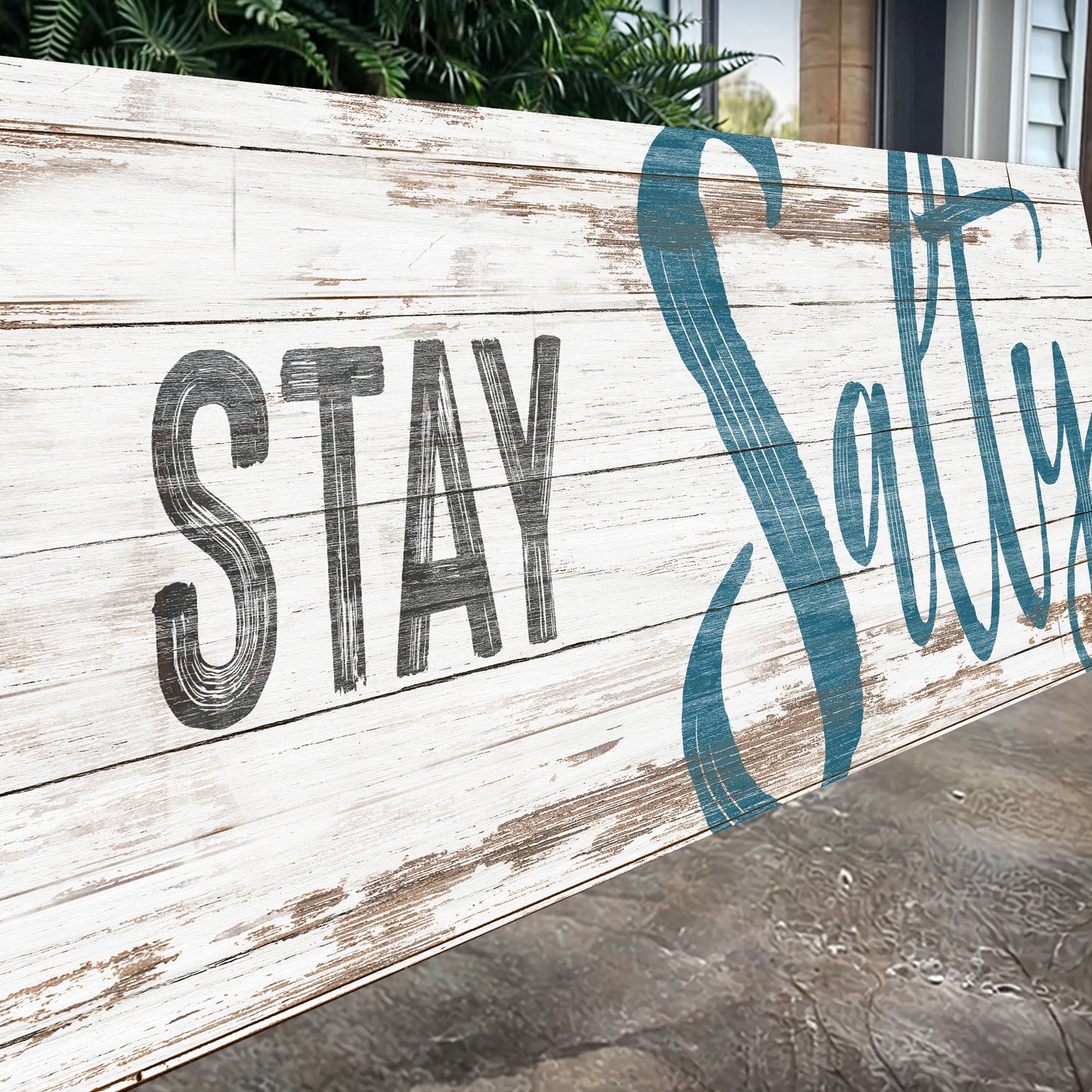 Stay Salty Coastal Sign VIII canvas by Tailored Canvases with teal script on Tampa Home & Garden Store