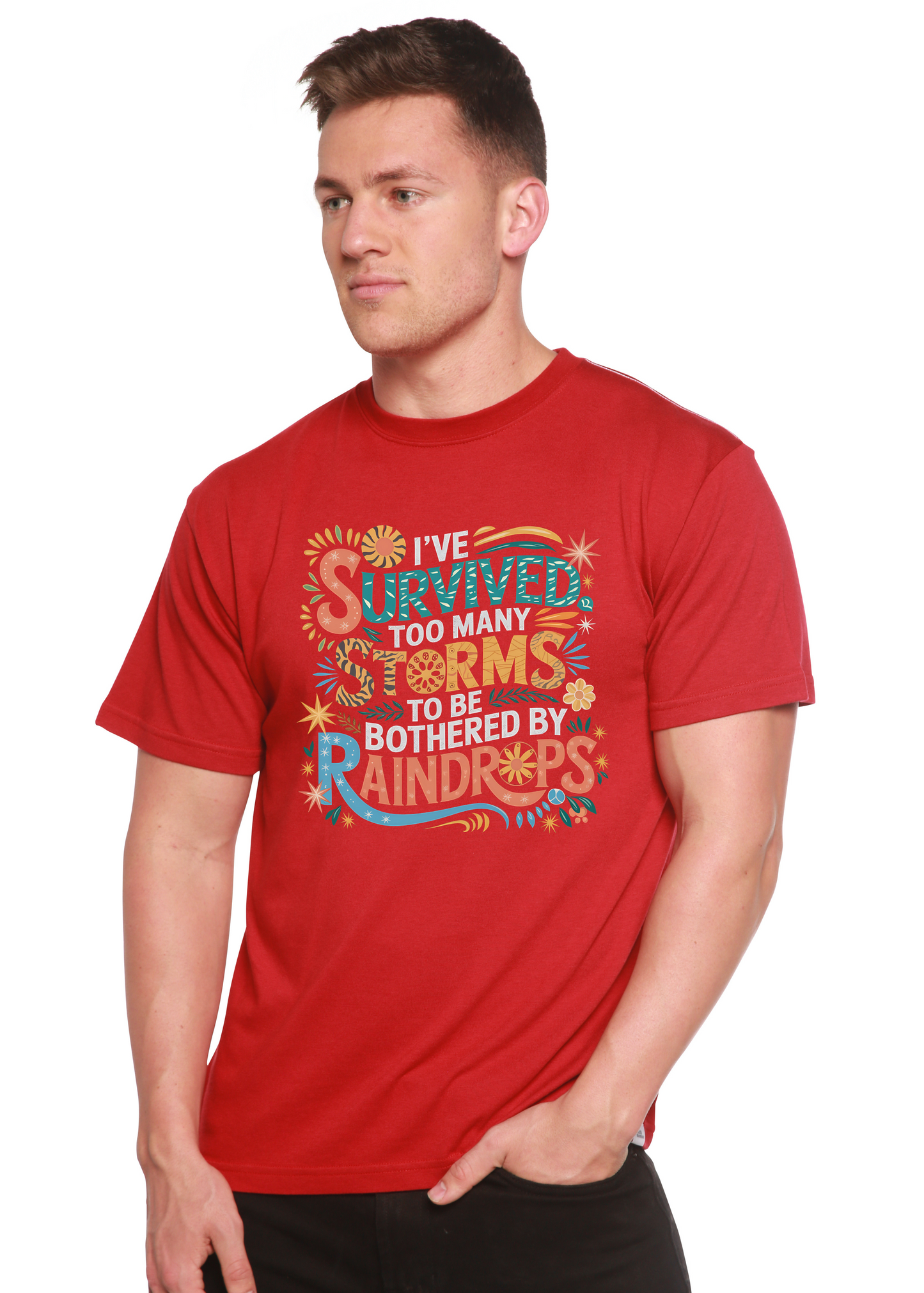 Spun Bamboo unisex bamboo/cotton graphic tee red featuring I've Survived Too Many Storms slogan on Tampa Home & Garden Store