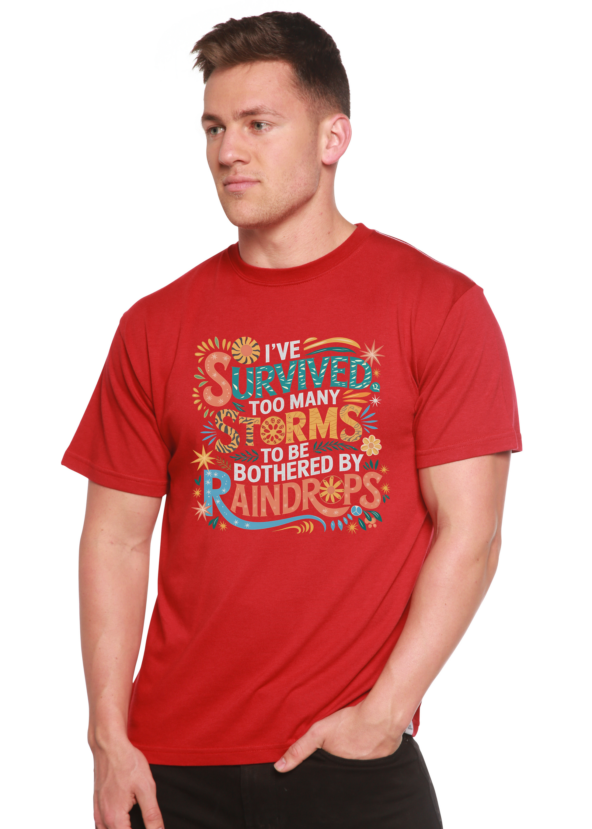 Spun Bamboo unisex bamboo/cotton graphic tee red featuring I've Survived Too Many Storms slogan on Tampa Home & Garden Store
