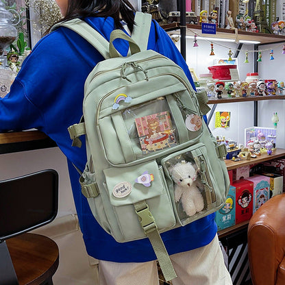 Stevvex Dazzling mini backpack pastel green with clear window pocket and plush toy patches on Tampa Home & Garden Store