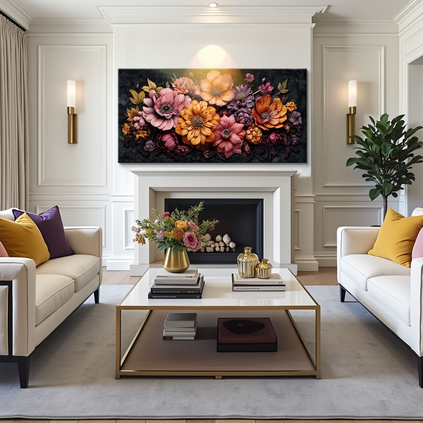 Colorful Floral Realistic Wall Art on canvas with vibrant blooms against dark background on Tampa Home & Garden Store
