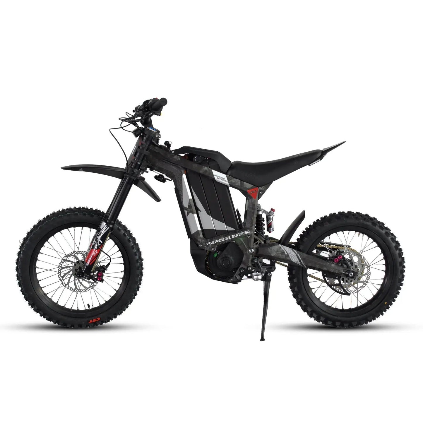 R1-17 electric dirt bike by EUNORAU E-BIKE US, black camo frame with suspension and knobby tires on Tampa Home & Garden Store