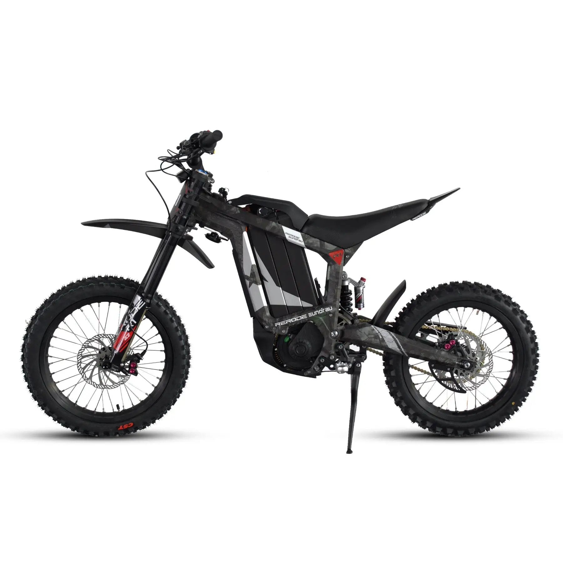 R1-17 electric dirt bike by EUNORAU E-BIKE US, black camo frame with suspension and knobby tires on Tampa Home & Garden Store