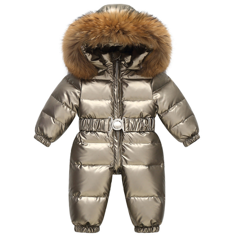 Stevvex metallic taupe baby snowsuit with fur-trim hood belted windproof puffer suit on Tampa Home & Garden Store