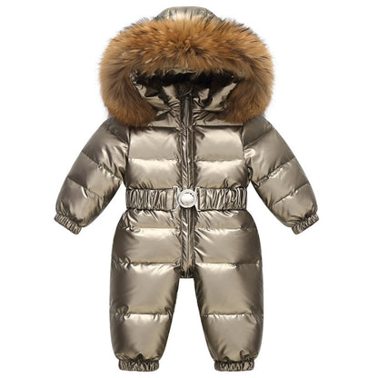 Stevvex metallic taupe baby snowsuit with fur-trim hood belted windproof puffer suit on Tampa Home & Garden Store
