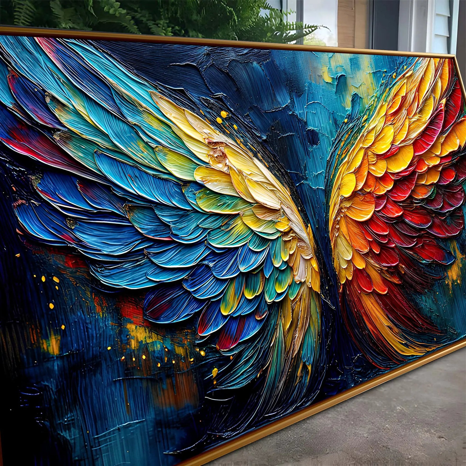 Wings of Fire Wall Art canvas featuring fiery multicolor feather textures by Tailored Canvases on Tampa Home & Garden Store