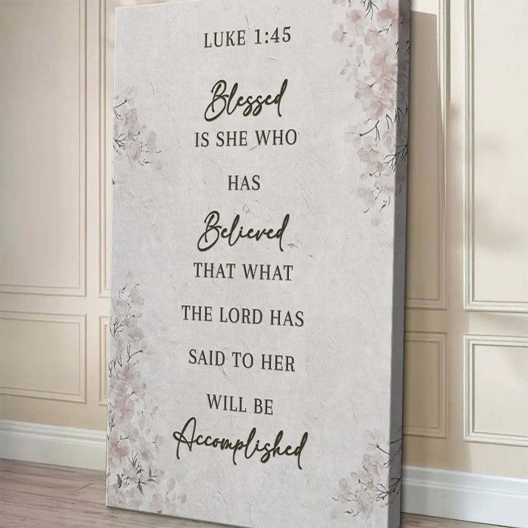 Canvas wall art Blessed Is She Who Has Believed by Tailored Canvases, cream with pink florals on Tampa Home & Garden Store