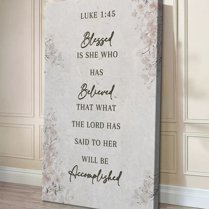 Canvas wall art Blessed Is She Who Has Believed by Tailored Canvases, cream with pink florals on Tampa Home & Garden Store