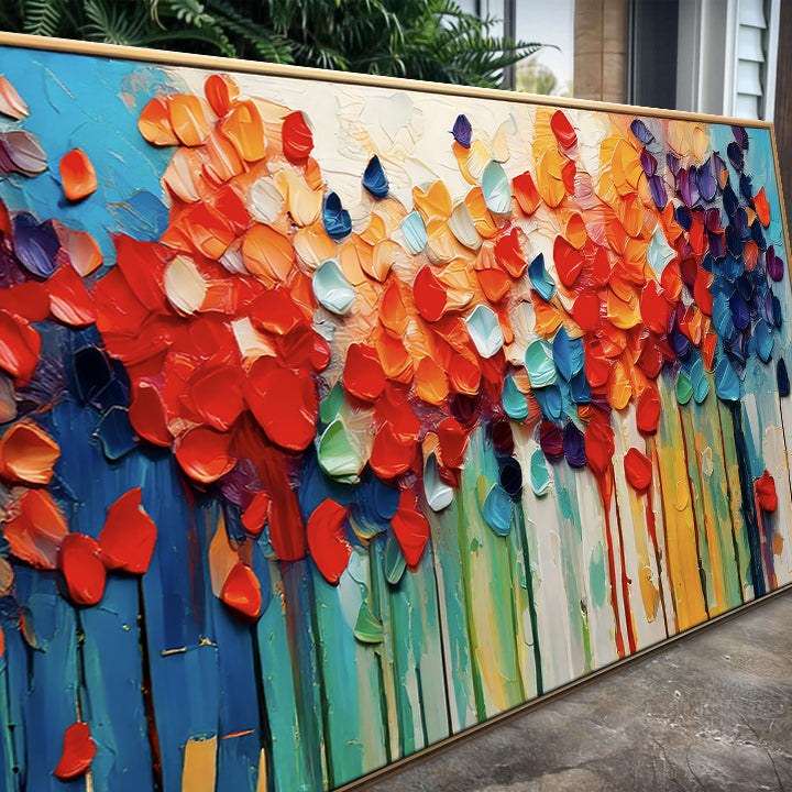 Colorful Petals Wall Art canvas with 3D petals in red, orange, blue on rainbow stripes on Tampa Home & Garden Store