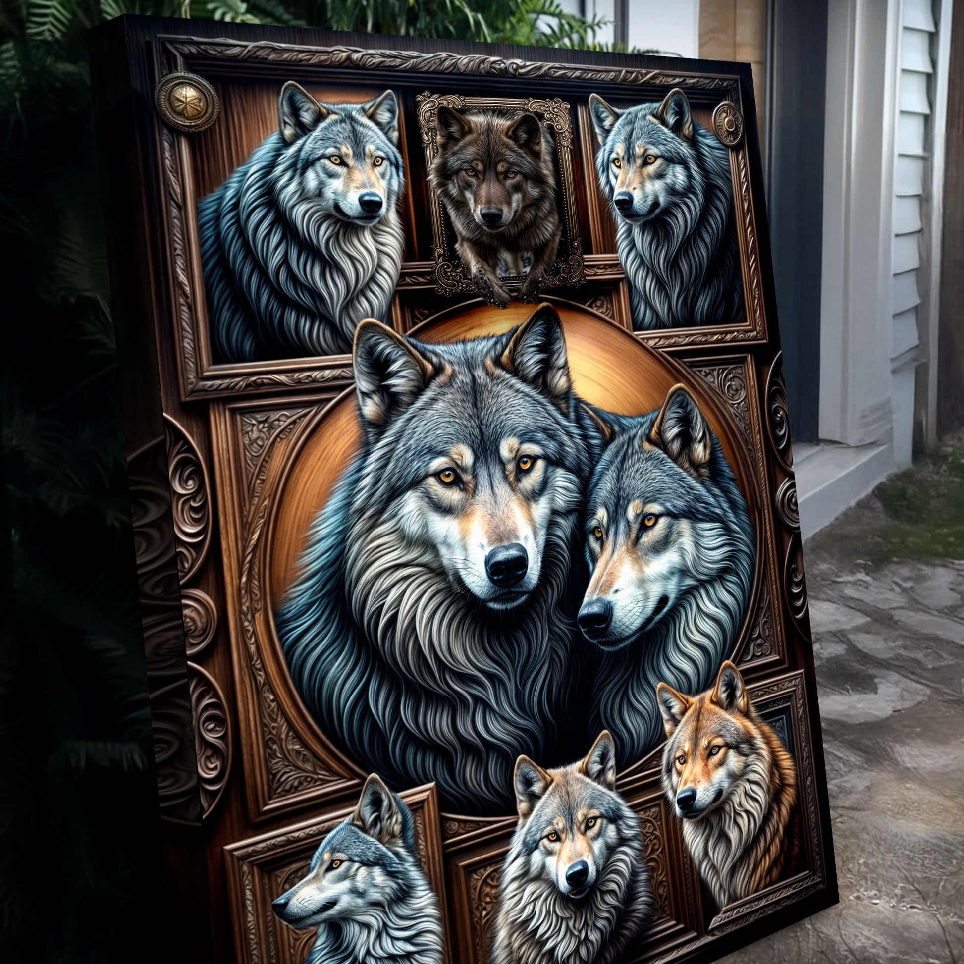 3D Wolf Collage Wall Art III canvas featuring three blue-gray wolves in ornate frames by Tailored Canvases on Tampa Home & Garden Store