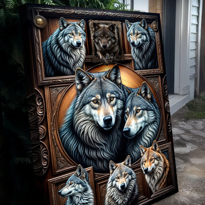 3D Wolf Collage Wall Art III canvas featuring three blue-gray wolves in ornate frames by Tailored Canvases on Tampa Home & Garden Store
