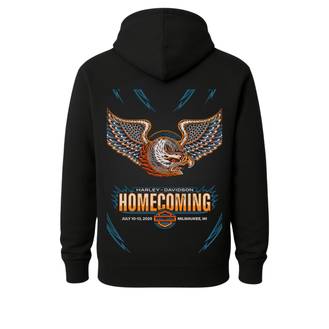 Black hoodie back graphic with Harley-Davidson eagle and HOMECOMING banner by BikerZoneZ on Tampa Home & Garden Store