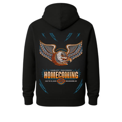 Black hoodie back graphic with Harley-Davidson eagle and HOMECOMING banner by BikerZoneZ on Tampa Home & Garden Store