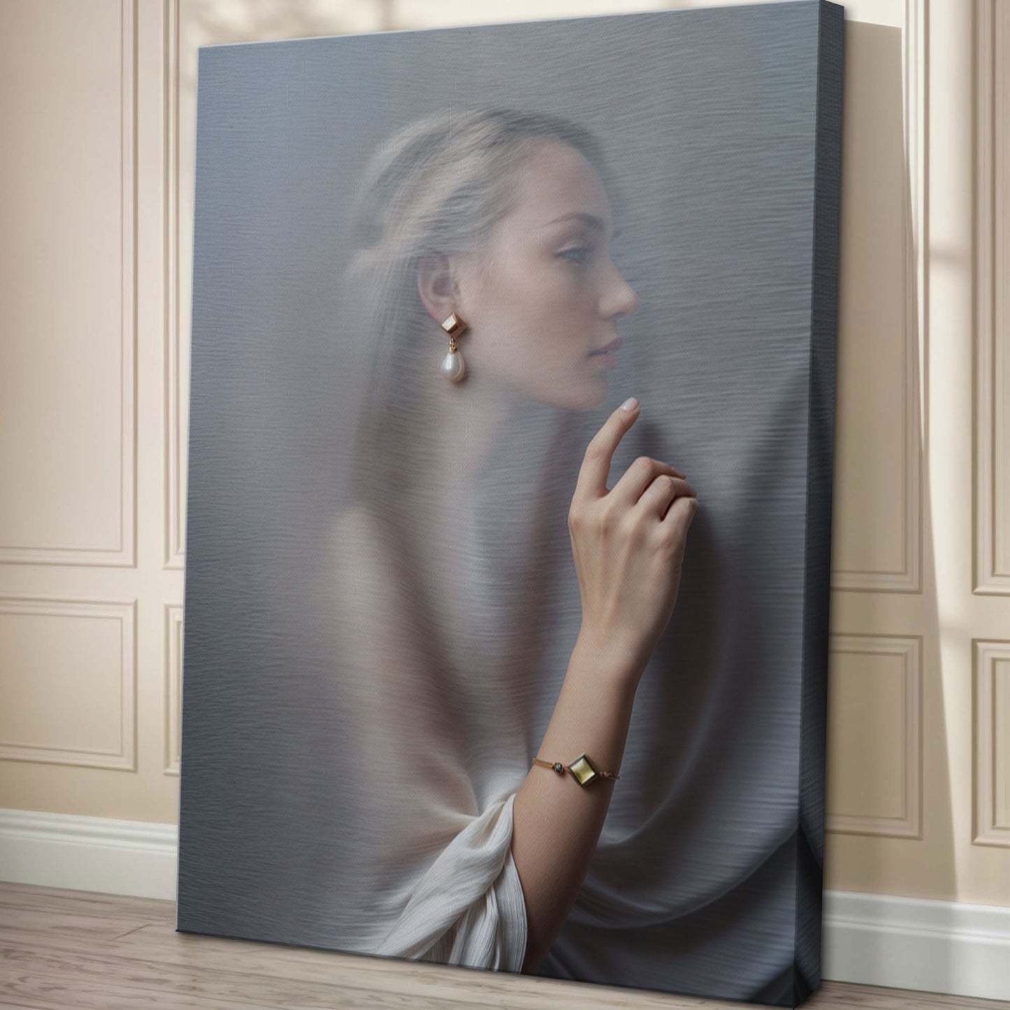 Behind Curtain Wall Art canvas Tailored Canvases blue-gray with woman's profile behind curtain on Tampa Home & Garden Store