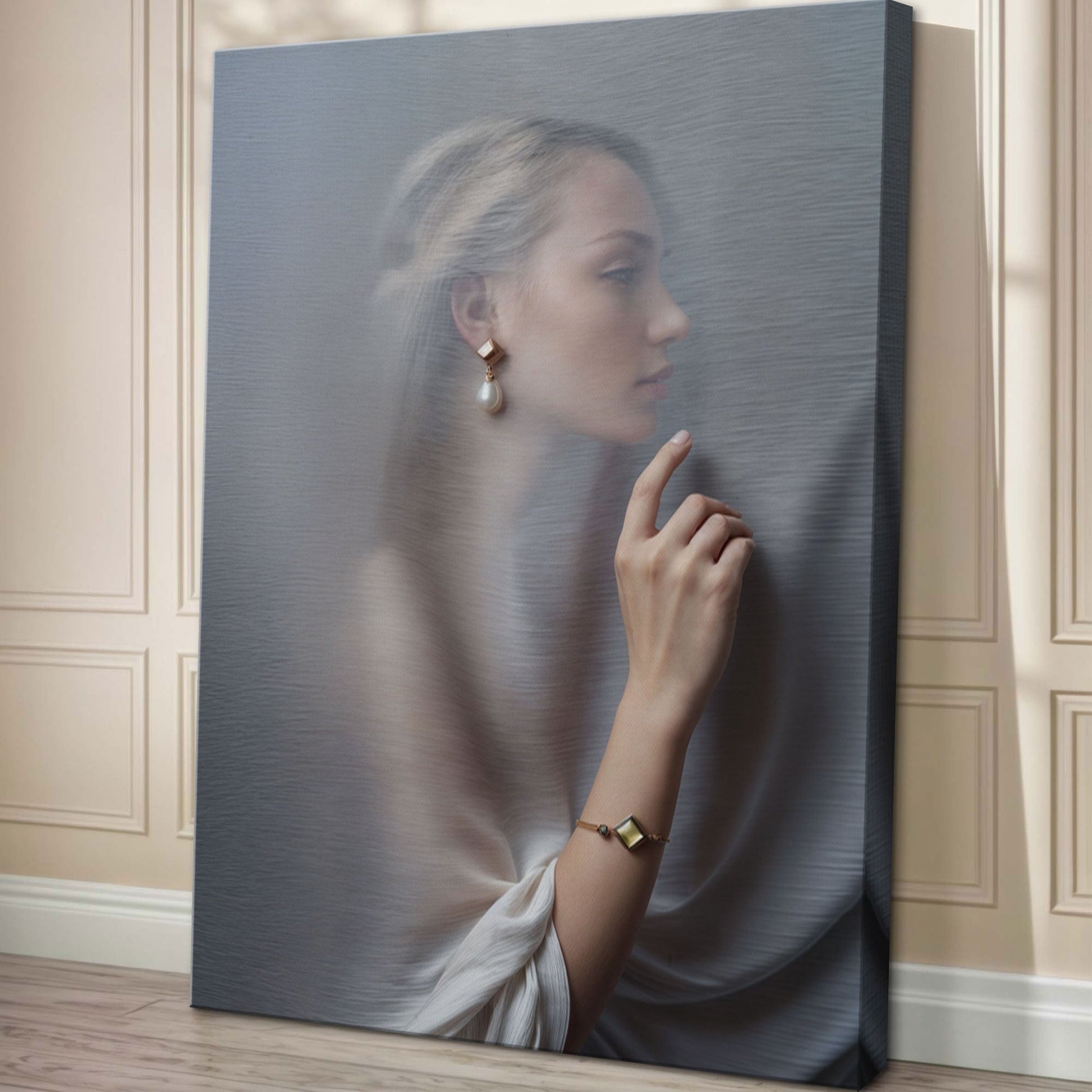 Behind Curtain Wall Art canvas Tailored Canvases blue-gray with woman's profile behind curtain on Tampa Home & Garden Store