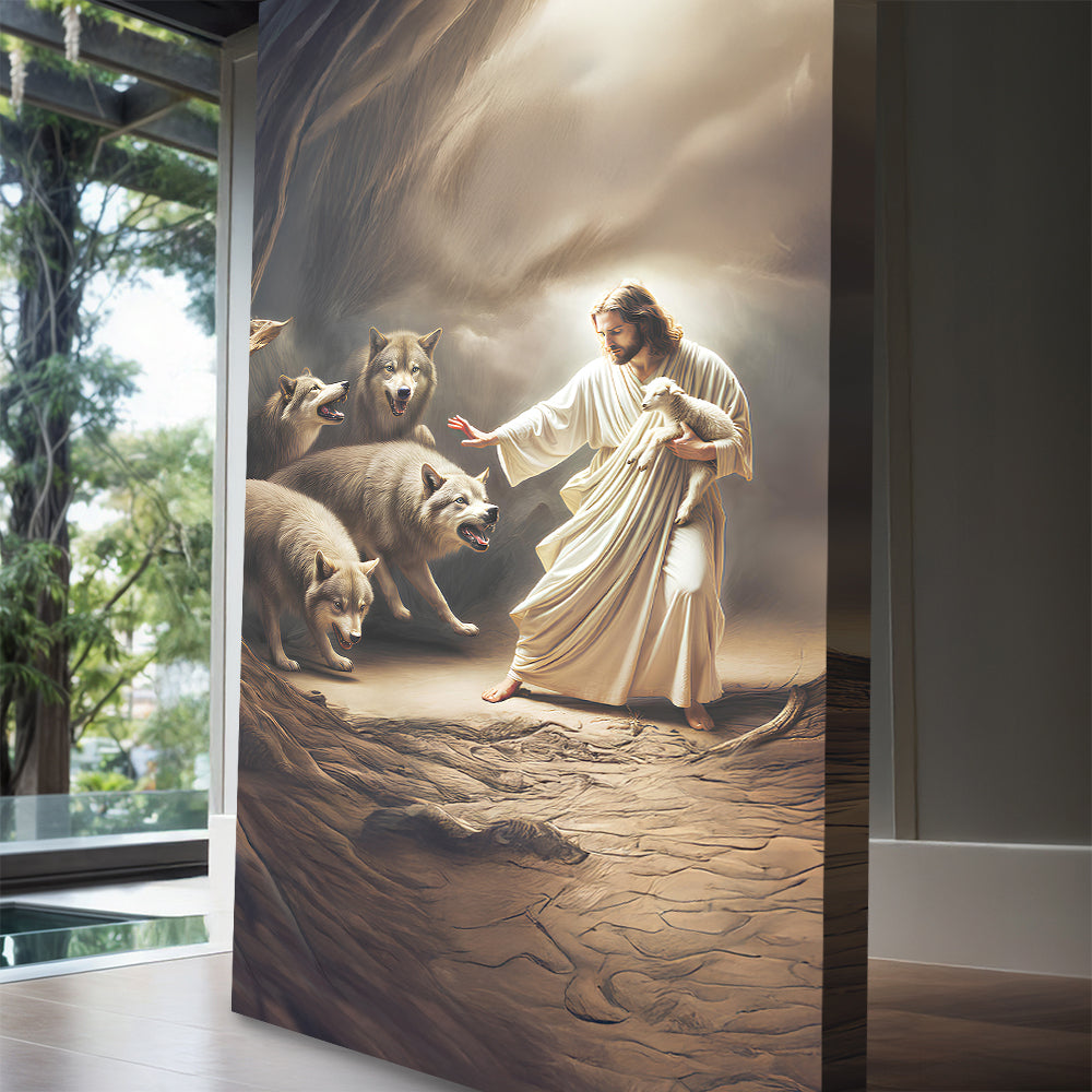 Canvas wall art Jesus Protects Lamb From Wolves Faith Wall VII; Jesus shields a lamb from four wolves on Tampa Home & Garden Store