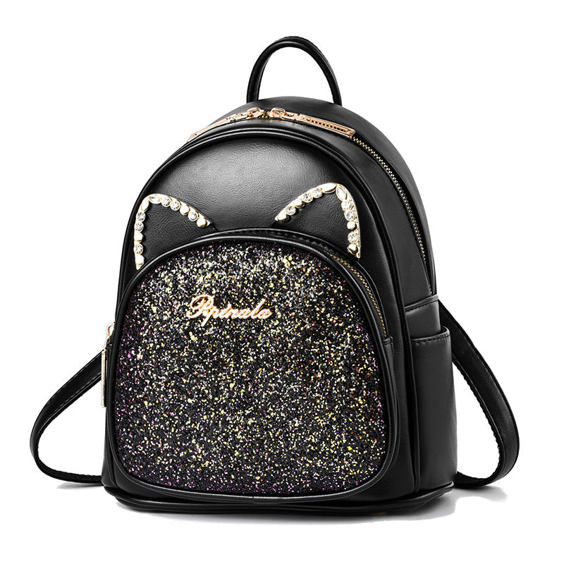 Backpack Stevvex black PU leather with glitter pocket for school on Tampa Home & Garden Store