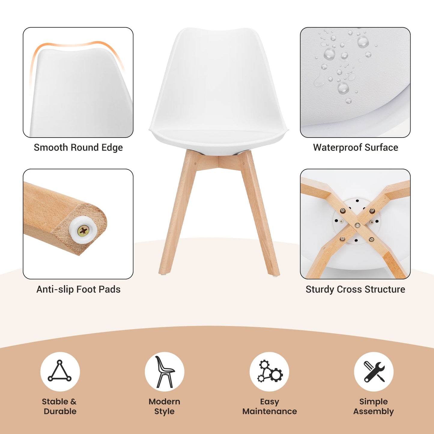 Juego de 4 sillas de comedor modernas de mediados de siglo con carcasa de PU y patas de madera - Blancas