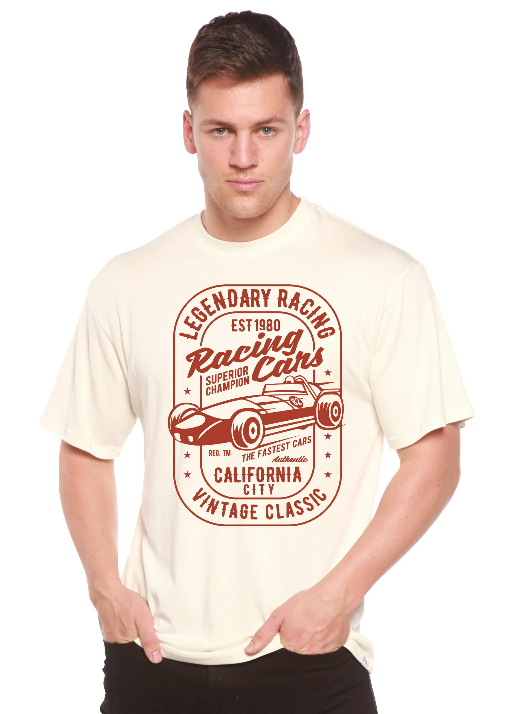 Legendary Racing Cars men's bamboo tee with red vintage car graphic on cream by Spun Bamboo on Tampa Home & Garden Store