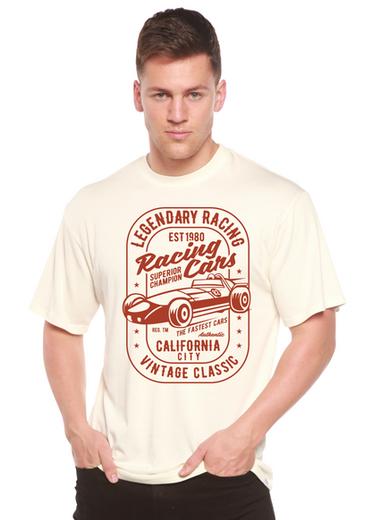 Legendary Racing Cars men's bamboo tee with red vintage car graphic on cream by Spun Bamboo on Tampa Home & Garden Store