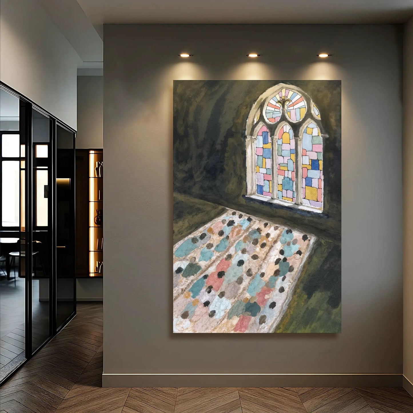 Sacred Reflection Faith Wall Art canvas displaying a colorful stained-glass arched window on Tampa Home & Garden Store