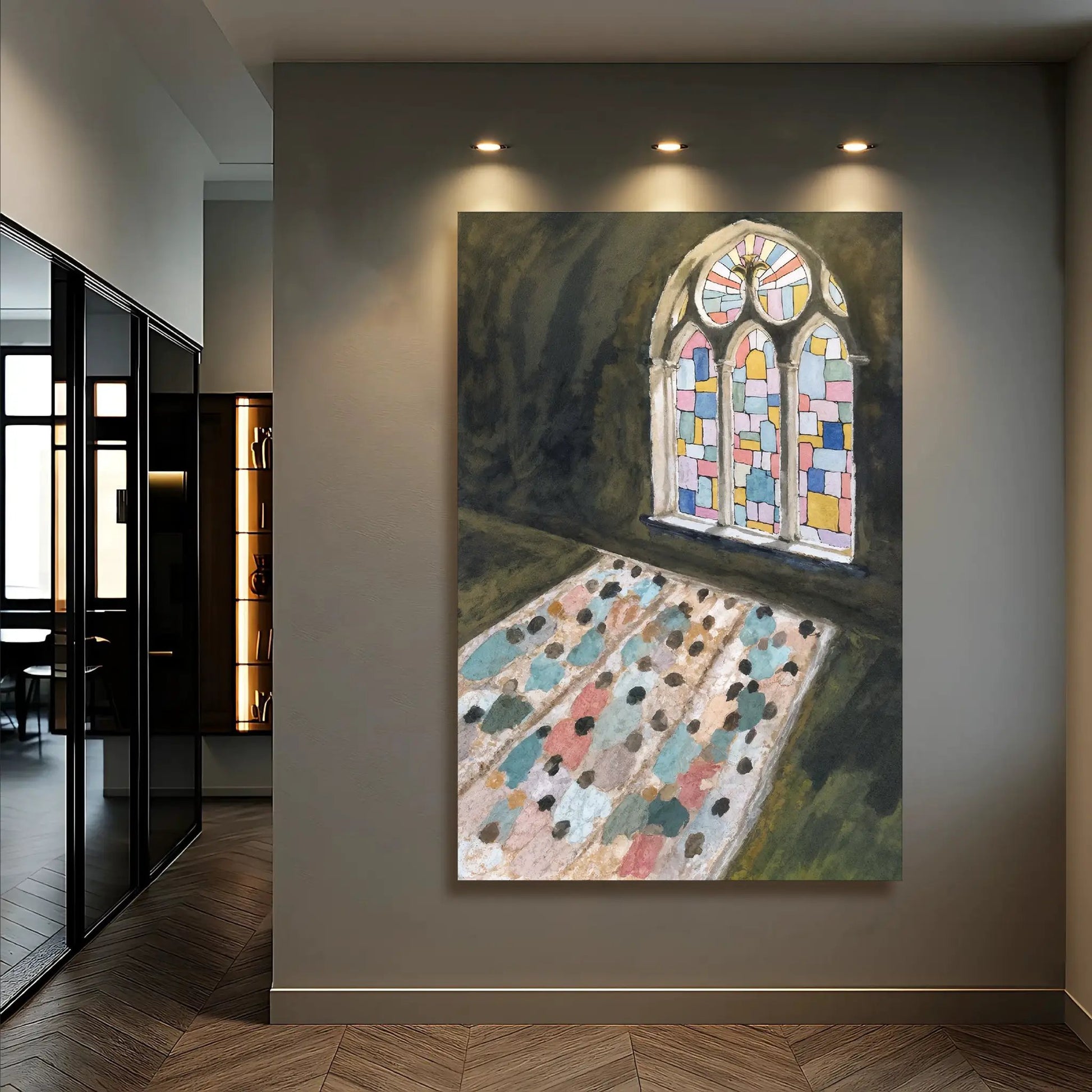 Sacred Reflection Faith Wall Art canvas displaying a colorful stained-glass arched window on Tampa Home & Garden Store