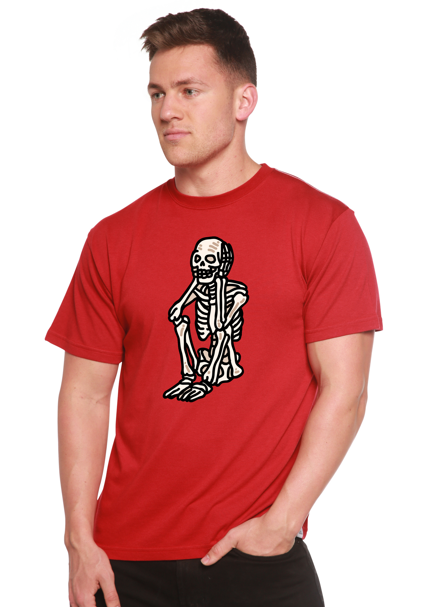 Sad Skeleton Halloween unisex T-shirt red with skeleton graphic bamboo viscose/organic cotton on Tampa Home & Garden Store