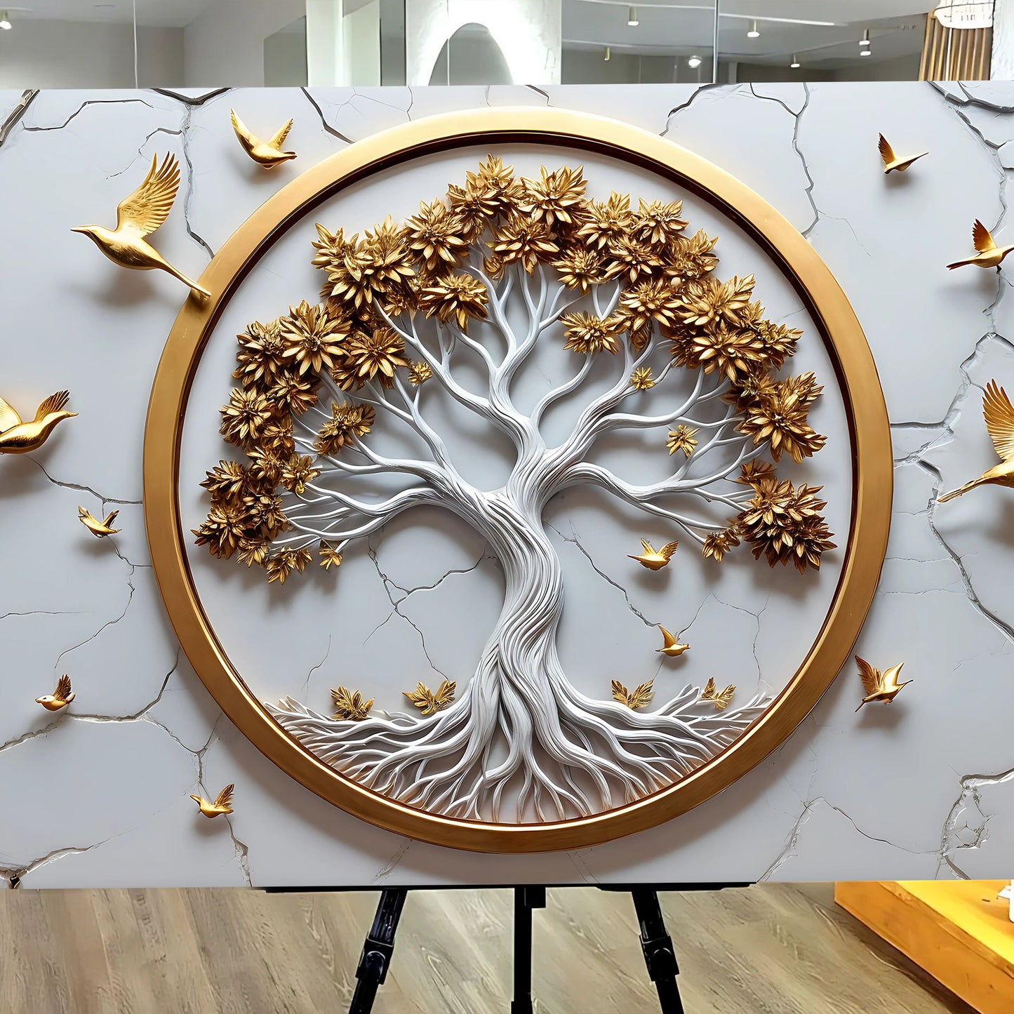 3D Celtic Tree of Life canvas wall art white tree with gold leaves in circular gold frame on Tampa Home & Garden Store