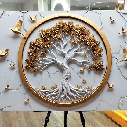 3D Celtic Tree of Life canvas wall art white tree with gold leaves in circular gold frame on Tampa Home & Garden Store